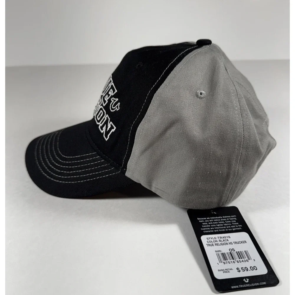 TRUE RELIGION Embroidered Trucker Strapback Hat Cap Black Gray Men's *NEW* $59